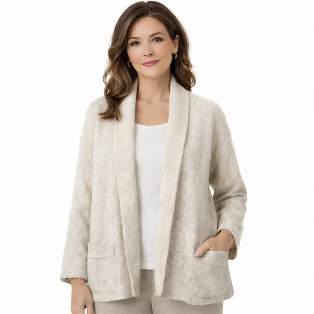 Chico's Jacket Women's Size Medium open front‎ Winter Silver White Wool Chicos 1